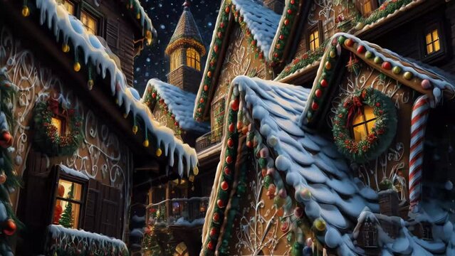 Abstract Christmas gingerbread scenery, gingerbread house, lanterns, snow, Christmas tree balls, Christmas Decoration, xmas, winter, surreal, Generative AI.