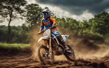 Fototapeta na wymiar Photograph of a man with a helmet riding a motocross on a muddy road in the countryside