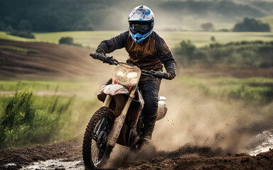 Photograph of a man with a helmet riding a motocross on a muddy road in the countryside