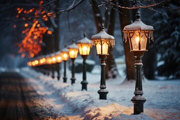 Colorful christmas lights on traditional street lamps, merry christmas images