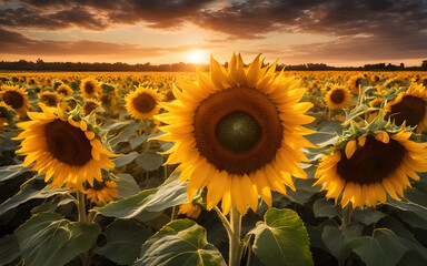 Photograph of a sunflowers field during sunset