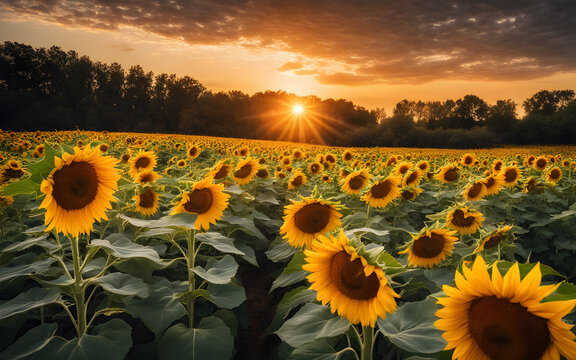 Photograph of a sunflowers field during sunset