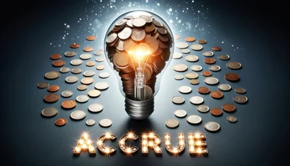 Foto op Aluminium Illuminated lightbulb overflowing with coins, symbolizing wealth and financial ideas with 'accure' text © mockupzord