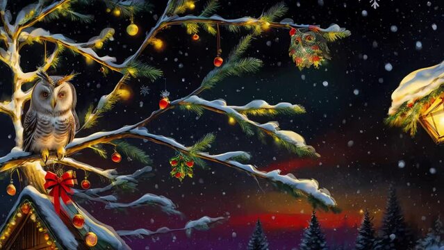 Abstract Christmas Animation, cute Christmas Owl with mistle toes, Christmas Scenery, winter, Xmas, snow, festive. Generative AI.	