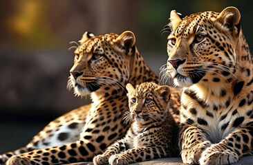 Fototapeta premium Jaguar Leopard family, cubs, love, photographic image with animals perfect for wall decoration . Ai Generative