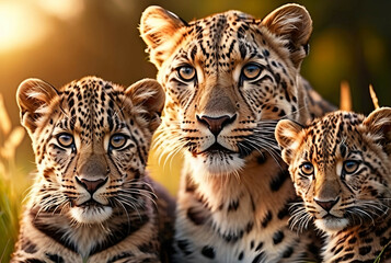 Fototapeta premium Jaguar Leopard family, cubs, love, photographic image with animals perfect for wall decoration . Ai Generative