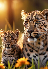Fototapeta premium Jaguar Leopard family, cubs, love, photographic image with animals perfect for wall decoration . Ai Generative