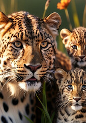Naklejka premium Jaguar Leopard family, cubs, love, photographic image with animals perfect for wall decoration . Ai Generative