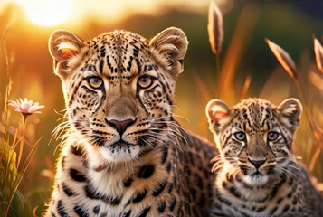 Naklejka premium Jaguar Leopard family, cubs, love, photographic image with animals perfect for wall decoration . Ai Generative