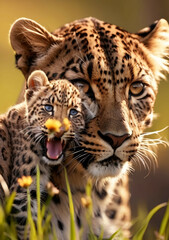 Obraz premium Jaguar Leopard family, cubs, love, photographic image with animals perfect for wall decoration . Ai Generative