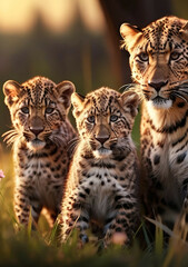 Jaguar Leopard family, cubs, love, photographic image with animals perfect for wall decoration