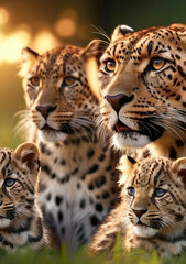 Fototapeta premium Jaguar Leopard family, cubs, love, photographic image with animals perfect for wall decoration . Ai Generative