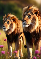 Lion family, cubs, love, photographic image with animals perfect for wall decoration . Ai Generative
