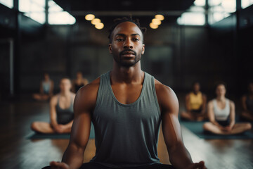A black man meditating in a yoga class