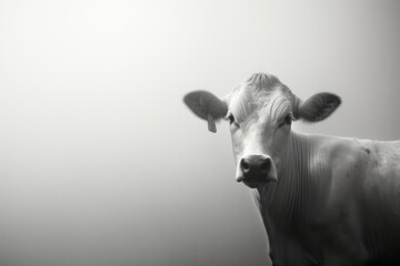 The cow is staying on the field. Fog with hazy lighting. Monochromatic