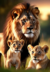 Lion family, cubs, love, photographic image with animals perfect for wall decoration . Ai Generative