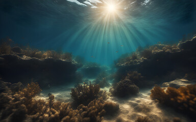Fototapeta na wymiar Photograph of deep Water abyss with blue sun light and defocused background