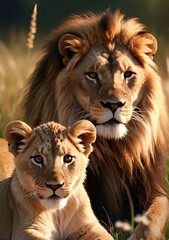 Fototapeta premium Lion family, cubs, love, photographic image with animals perfect for wall decoration . Ai Generative
