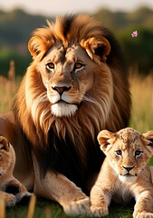 Lion family, cubs, love, photographic image with animals perfect for wall decoration . Ai Generative