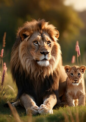 Fototapeta premium Lion family, cubs, love, photographic image with animals perfect for wall decoration . Ai Generative