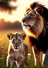 Lion family, cubs, love, photographic image with animals perfect for wall decoration . Ai Generative - obrazy, fototapety, plakaty