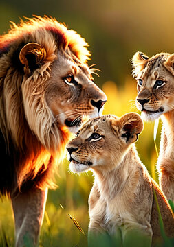 Lion family, cubs, love, photographic image with animals perfect for wall decoration . Ai Generative