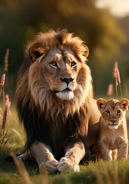 Lion family, cubs, love, photographic image with animals perfect for wall decoration . Ai Generative