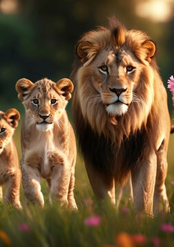 Lion family, cubs, love, photographic image with animals perfect for wall decoration . Ai Generative