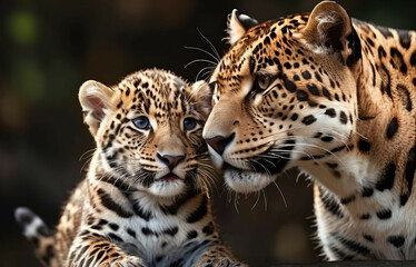 Obraz premium Jaguar Leopard family, cubs, love, photographic image with animals perfect for wall decoration . Ai Generative