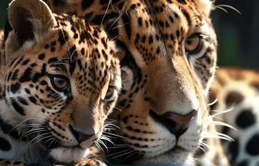 Obraz premium Jaguar Leopard family, cubs, love, photographic image with animals perfect for wall decoration . Ai Generative
