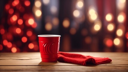red cup on wooden table behind blurred background with bokeh