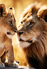 Lion family, cubs, love, photographic image with animals perfect for wall decoration . Ai Generative