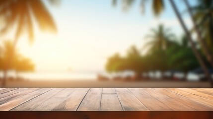 Empty wooden flooring deck in front and blue summer sky with clouds and sea or ocean with turquoise water and waves in the background. Summer vacation sea shoreline with deck floor. - obrazy, fototapety, plakaty