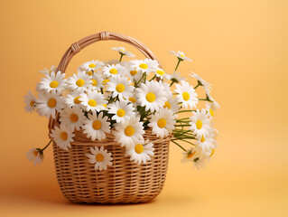 Bouquet of daisies in a basket on orange background
