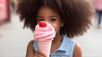 Afro american girl holds strawberry ice-cream cone in the street