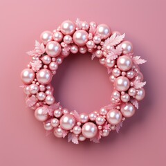 Obraz premium Great Christmas wreath decorated with pink and gold glitter balls on light rose background. Luxury festive wreath. Xmas decorate for greeting card, poster, flyer, banner and invitation 