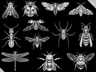 Engrave isolated insects set hand drawn vector graphic illustration