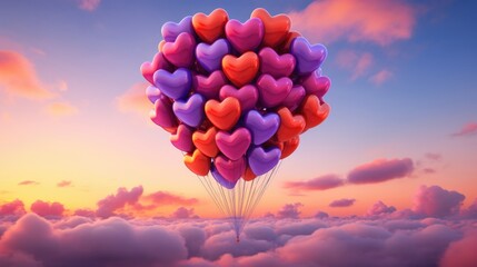 Fototapeta premium Bouquet of 100 balloons in the form of hearts in the clouds in the sky, with pronounced clouds, film photography, in a romantic style