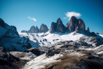 snow-capped mountain range under a bright blue sky with wispy clouds, ai generative