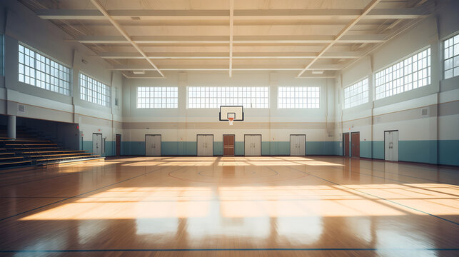 Empty basketball gym, morning sun shining upon hardwood parquet floor with thick black lines. Hoop, backboard and net placed in a public school sports indoor playground