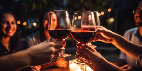 Group of friends toasting glasses of wine at an outdoor table, in the style of dark red and light black, 