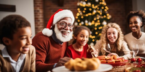 Fototapeta na wymiar Happy grandpa and diverse family in a christmas dinner in a modern home