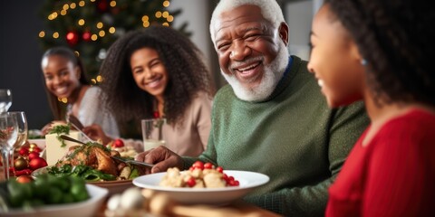 Happy grandpa and diverse family in a christmas dinner in a modern home
