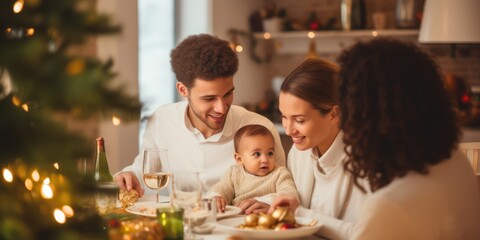 Happy little baby boy and diverse family in a christmas dinner in a modern home
