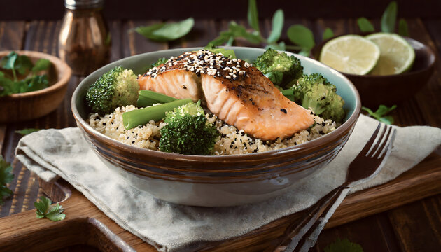 grilled salmon with vegetables, broccoli, sesame, seeds board, foodie, rice, wild, lifestyle, organic, 