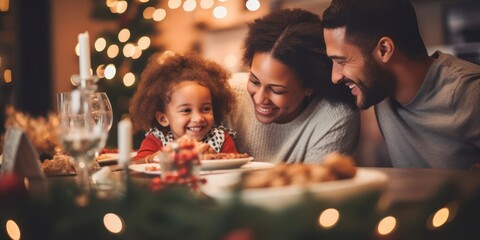 Happy little baby girl and diverse family in a christmas dinner in a modern home