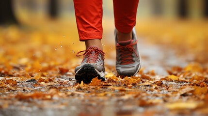 a person's feet walking on leaves