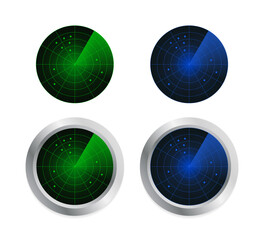 Set of radar screen. Radar isolated on white background. Military search system. Green and blue radar scanner. Round device with chrome metal frame. Vector illustration