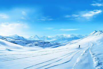 Skier on piste running downhill in beautiful Alpine landscape. Blue sky on background. Free space for text