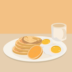 Vector illustration, breakfast ham, eggs with healthy drinks and milk.
